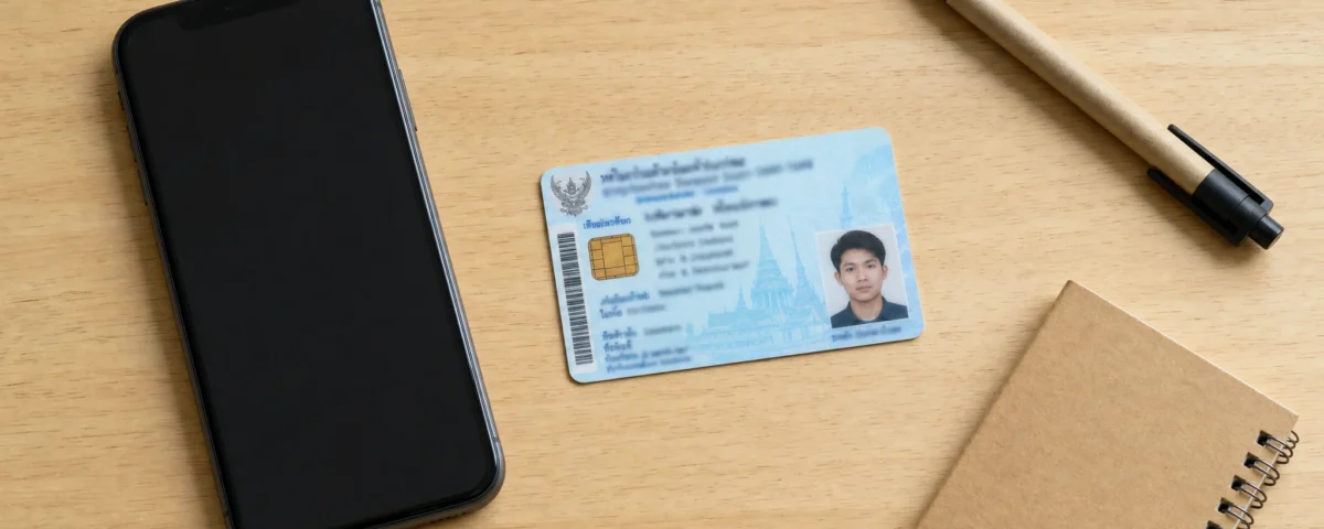 บัตรประชาชนไทยและมือถือบนโต๊ะ เตรียมผ่อนไอโฟน