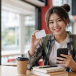 นักศึกษาถือบัตรประชาชนและสมาร์ทโฟน เตรียมสมัครผ่อนไอโฟนกับ MISS CALL