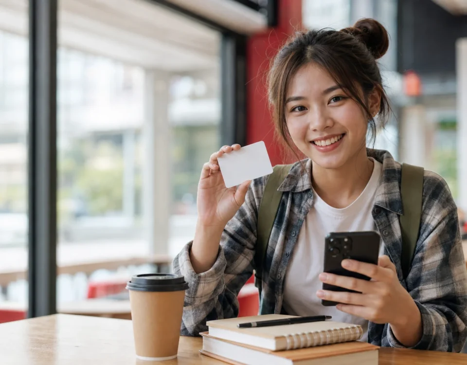 นักศึกษาถือบัตรประชาชนและสมาร์ทโฟน เตรียมสมัครผ่อนไอโฟนกับ MISS CALL